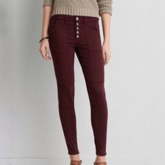 AE Red Button Fly Super Stretch Jeggings Size 0 - Picture 1 of 11